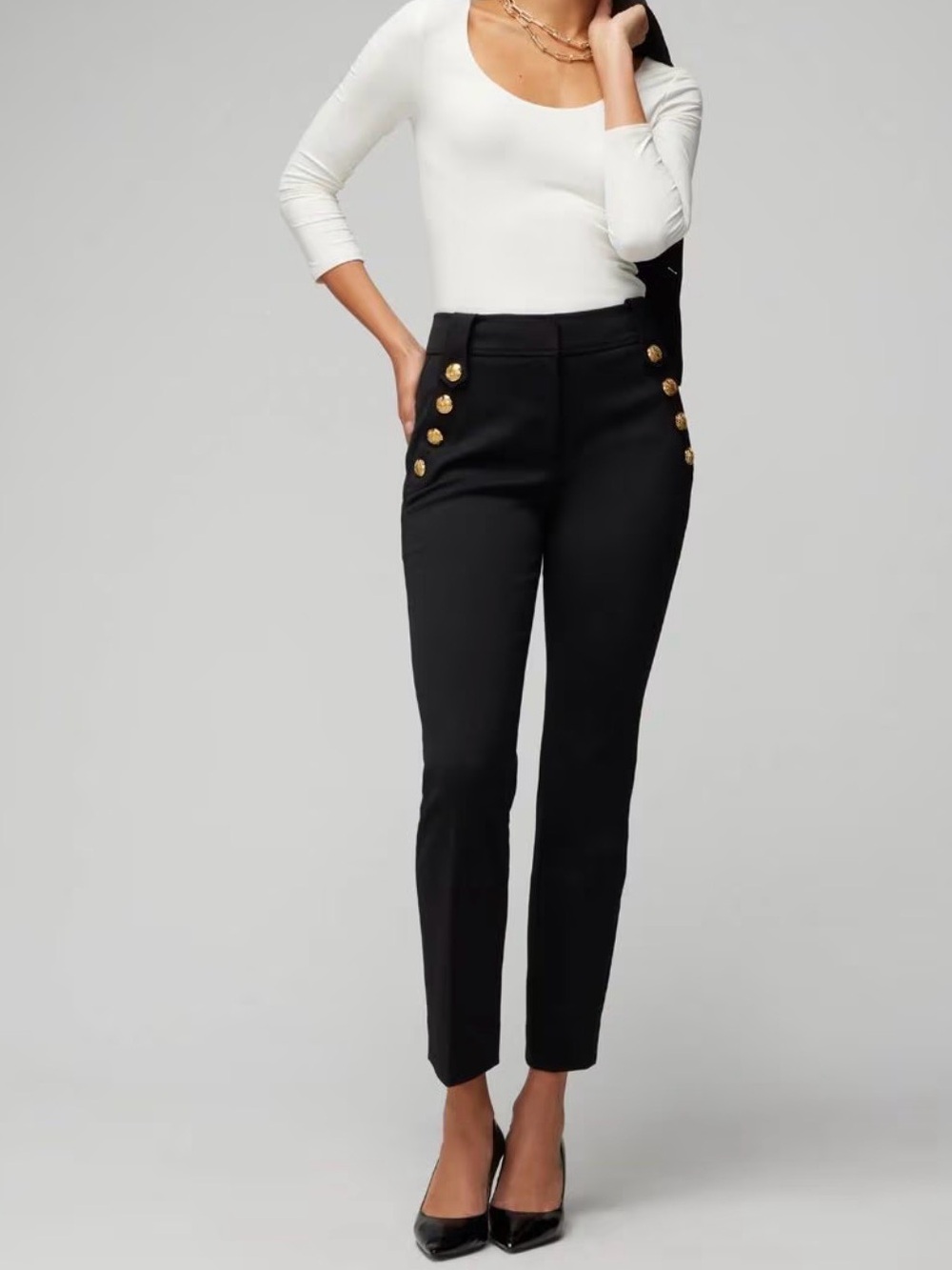 WHBM Jolie Button Straight Luxe Stretch Pants in black, size 10
